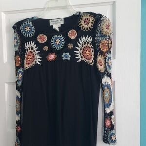 Joseph A Black Top with Multicolor Crochet Accents